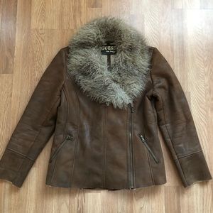 GUESS Faux Suede Leather Faux Fur Sherpa Coat